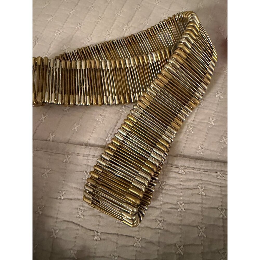 Vintage Unisex Metal Safety Pin Statement Belt Brass Silver 34 inches Punk Rare - Picture 15 of 16